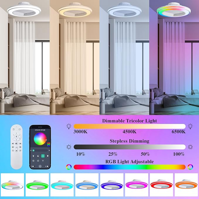 Smart Ceiling Fans with RGB Lights Remote - 20'' Flush Mount Low Profile Modern Ceiling Fans for Bedroom - Stepless Color Temperature and 6 Speeds