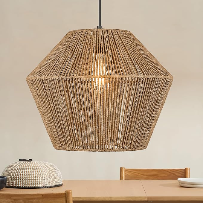 ELYONA 17” Woven Pendant Light, Modern Boho Chandelier Handwoven Rattan Basket Shade, Japandi Pendant Light Fixtures Farmhouse Ceiling Hanging Lamp for Dining Room, Kitchen Bedroom, Entryway, Foyer