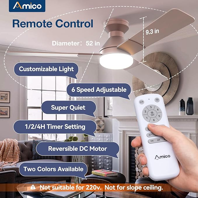 Amico 52 Inch Brown Low Profile Ceiling Fans with Lights and Remote | Flush mount, 3-color dimmable light, quiet reversible DC motor, easy install, memory, timer, bedroom, covered outdoor areas