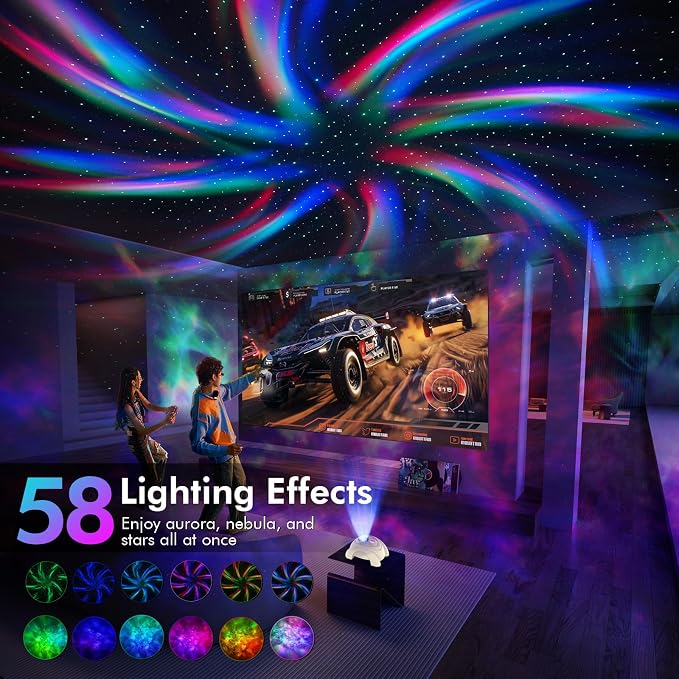 Rossetta Dual Lens Galaxy Star Aurora Projector Night Light for Bedroom | 58 Light Effects, White Noise, Bluetooth Speaker, Music Sync, Remote Control, Timer, Room Decor Gift for Kids Adults Teens