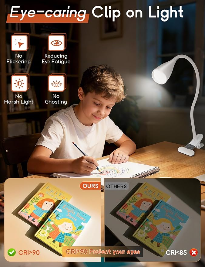 2 PCS Reading Light for Book in Bed,Clip on Light Reading Lamp with Adapter | 5 Color Modes 10 Brightness, Eye-Caring Clip on Desk Lamp Book Light for Reading in Bed Headboard Bedside Bedroom (White)