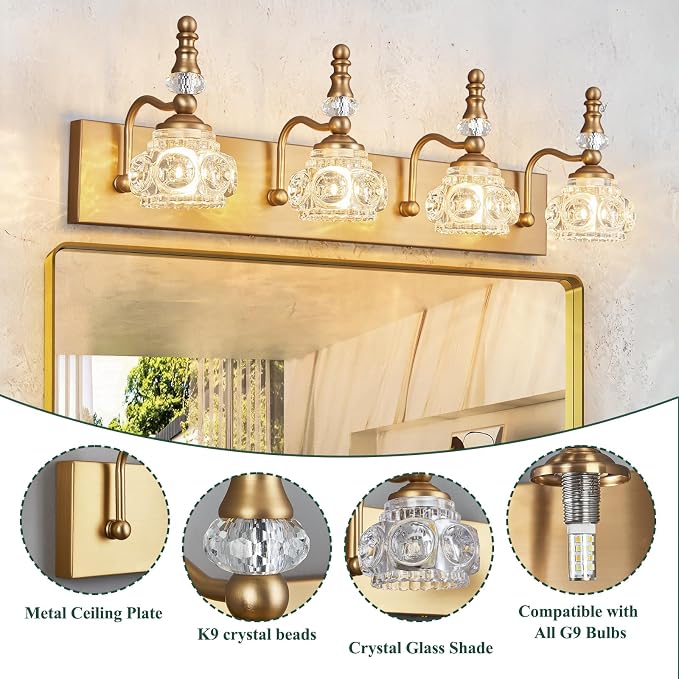 Modern Glass Crystal Vanity Light - Vintage Bathroom Lighting Fixtures Over Mirror, 4 Light Vanity Lights G9 Bulb (27.55 Inch,Brass)