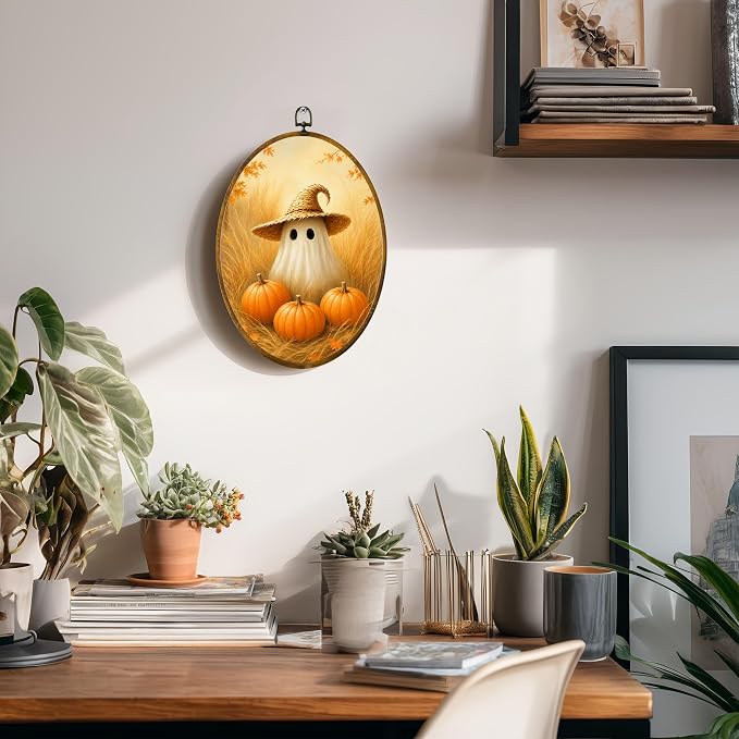 Straw Hat Ghost Oval Wall Art, Framed Canvas Decor, 8.5x11.5 Inch | Cute ghost with straw hat, pumpkins, golden wheat field and cozy fall decor