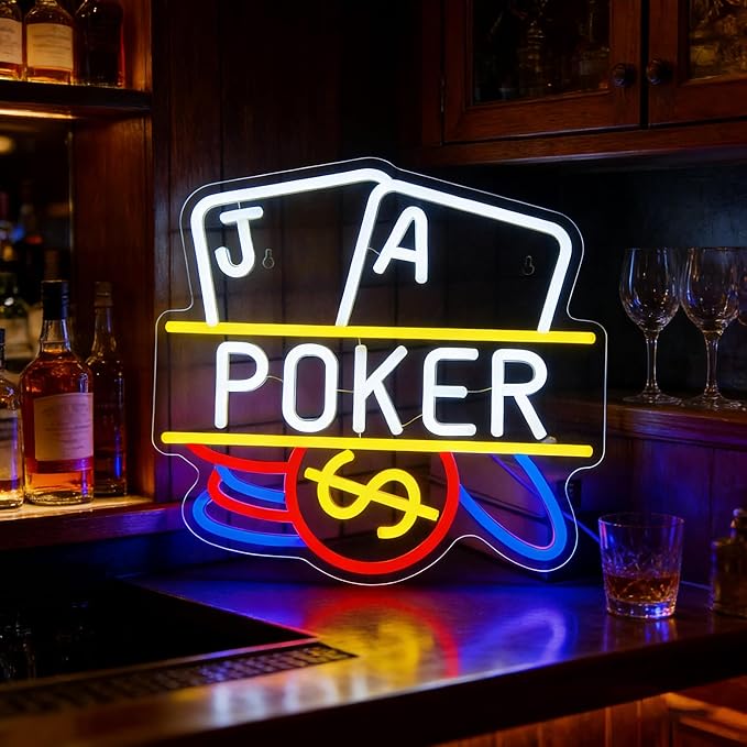 Poker Neon Sign, Playing Cards LED Neon Light for Wall Decor Dimmable Casino Neon Lights for Man Cave, Bar, Bedroom, Hotel, Game Room, Casino Party Decorations Gift