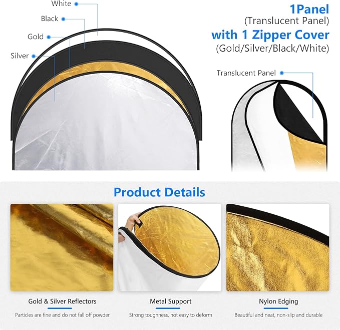 NEEWER 31"x47"/80x120cm Light Reflectors for Photography, Portable 5 in 1 Collapsible Multi Disc with Bag - Translucent, Silver, Gold, Black, White Diffuser for Studio and Outdoor Lighting