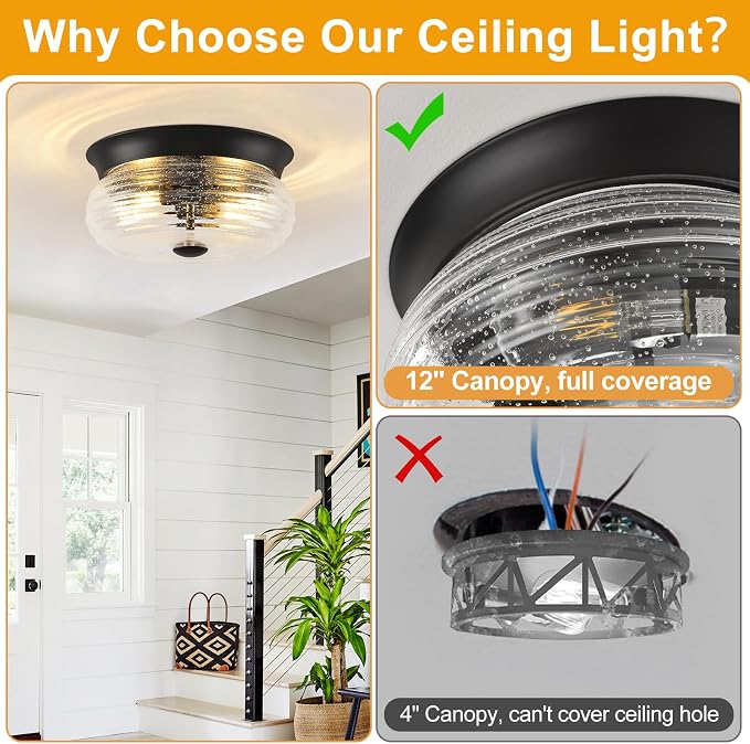 Black Flush Mount Ceiling Light Fixtures, 2-Light Ceiling Mount for Modern with Clear Air Bubble Glass Shade, Industrial Flush Mount Light Fixture Farmhouse for Hallway Kitchen Bedroom Foyer Entryway