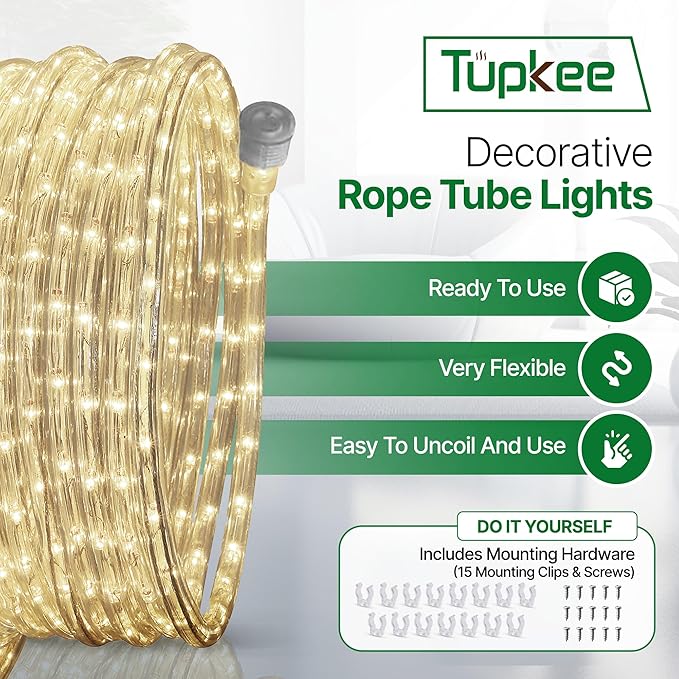 Tupkee LED Rope Light Warm-White - 24 Feet (7.3 m), for Indoor and Outdoor use - 10MM Diameter - 144 LED Long Life Bulbs Decorative Rope Tube Lights - Pack of 2