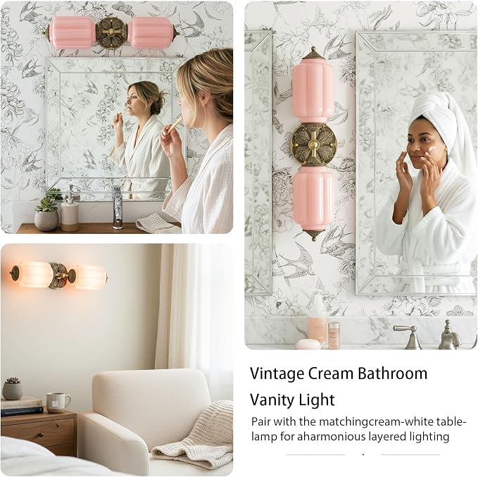 Vintage Vanity Light - 2-Light Wall Sconce with Brass Finish Base & Green Glass Shade - Wall Sconce Lighting for Mirror, Kitchen, Living Room, Gallery (Bulbs Included) (Pink)