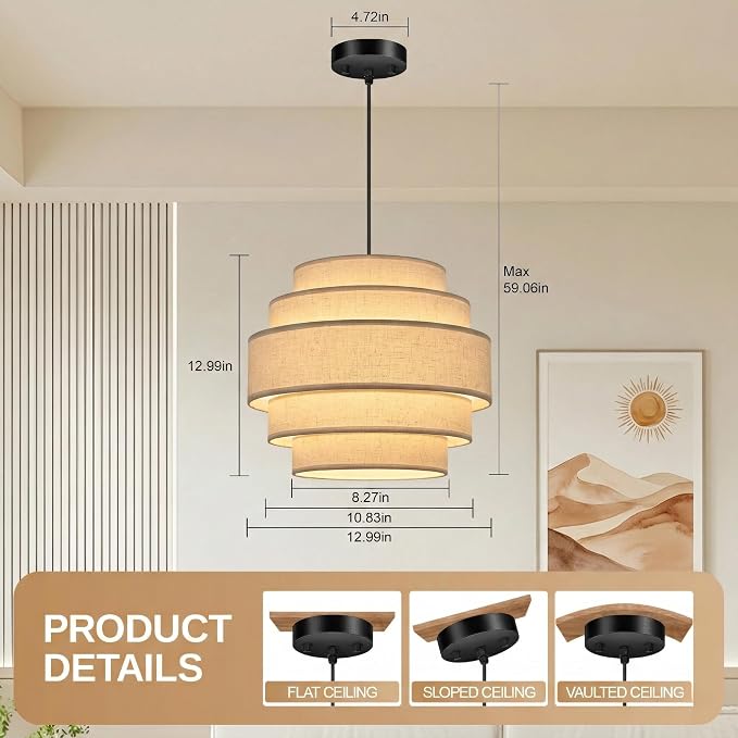 AUQUEE 5-Tier Farmhouse Chandelier, 13" Modern Drum Pendant Light Fixture with Linen Lampshade, Adjustable Height Hanging Ceiling Lighting for Bedroom/Nursery/Dining Room/Kitchen Island/Entryway,Beige