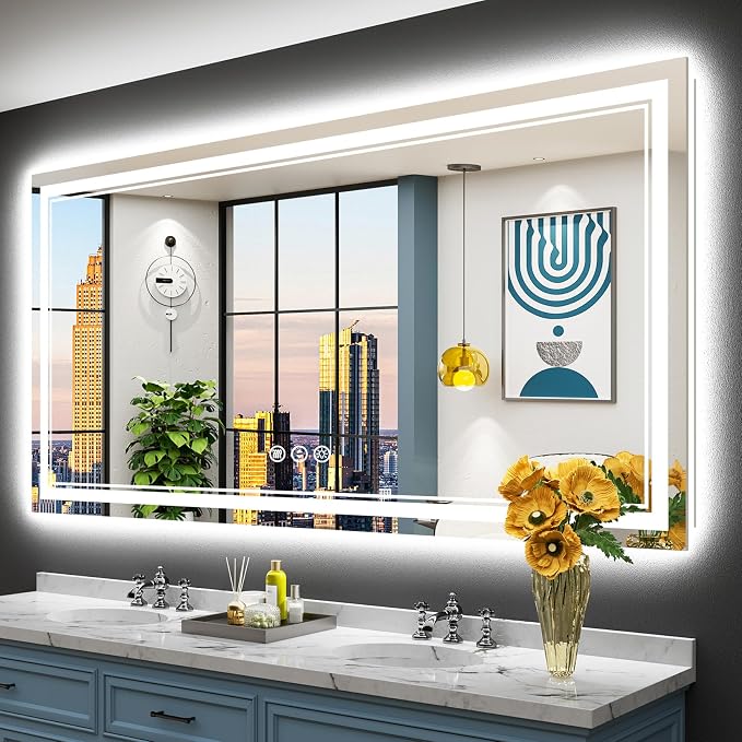 72x36 LED Bathroom Mirror, Backlit & Front Lit Lighted Mirror | Anti-Fog Vanity Mirror with Lights, 3 Color Dimmable, Memory, Shatterproof, Tempered Glass, CRI95, UL Listed, Wall Mounted