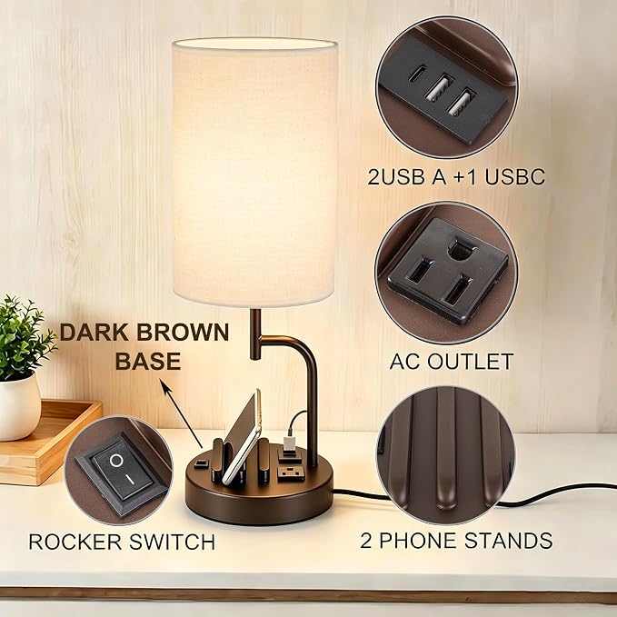 Dreamholder 2 Pack Table Lamp, Bedside Lamp with 3 USB Charging Ports & AC Outlet, USB Desk Lamp with 2 Phone Holders, Linen Fabric Shade Nightstand Lamps for Bedroom Living Room Office, Dark Brown