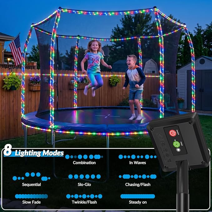 Solar Rope Lights, 33FT 100 LED Solar Fairy Lights with 8 Lighting Modes, IP65 Waterproof Trampoline Lights Outdoor for Garden Yard Patio Deck Fence Tree Party Holiday Decoration, Multicolor