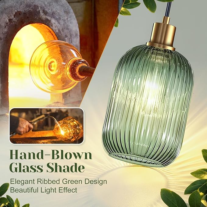 1 Pack Pendant Lights with Vintage Green Ribbed Glass Lampshade, Adjustable Brushed Gold Pendant Lights Fixtures for Kitchen Island Lighting Sink, Dining & Living Room Hallway (Bulbs Not Included)