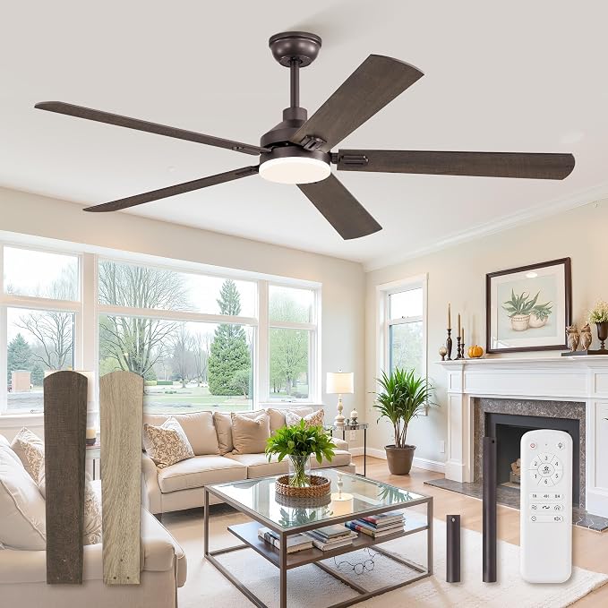 ZMISHIBO 60" Ceiling Fan with Light and Remote, Oil Bronze Farmhouse Indoor | Large Size, 3CCT, Downrod Mount, Rustic Dual Finish Blades, Quiet&Strong Motor, Memory Function for Bedroom, Living Room