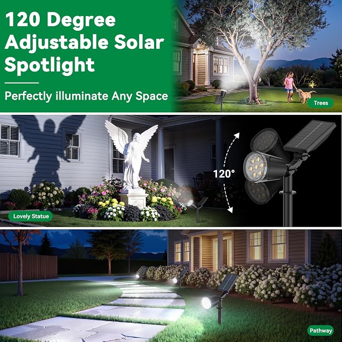 Solar Lights Outdoor Spot Light Waterproof: 1000LM Adjustable Cool White Spotlights - 2-in-1 15Hrs+ Bright Wall Spot Light - Solar Powered Landscape Spotlight for Garden, Yard, Tree, Flag