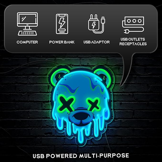 Ice Bear Neon Sign, Cool Led Sign for Wall Decor - Usb Powered, Adjustable Brightness Anime Bear Led Light for Bedroom, Bar, Pub, Party, Man Cave Decor, Unique Gift for Teenage Boys