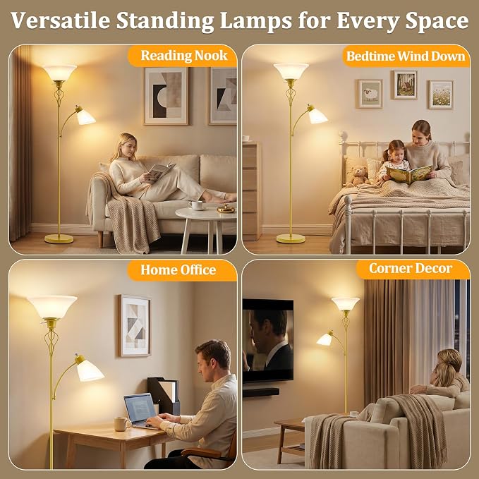 Floor Lamps for Living Room, 70" Tall Torchiere Floor Lamps, Plastic Shade | Tall Lamp with Adjustable Gooseneck Reading Light, Modern Corner Standing Lamp for Bedroom, Office, Separate On/Off Switch