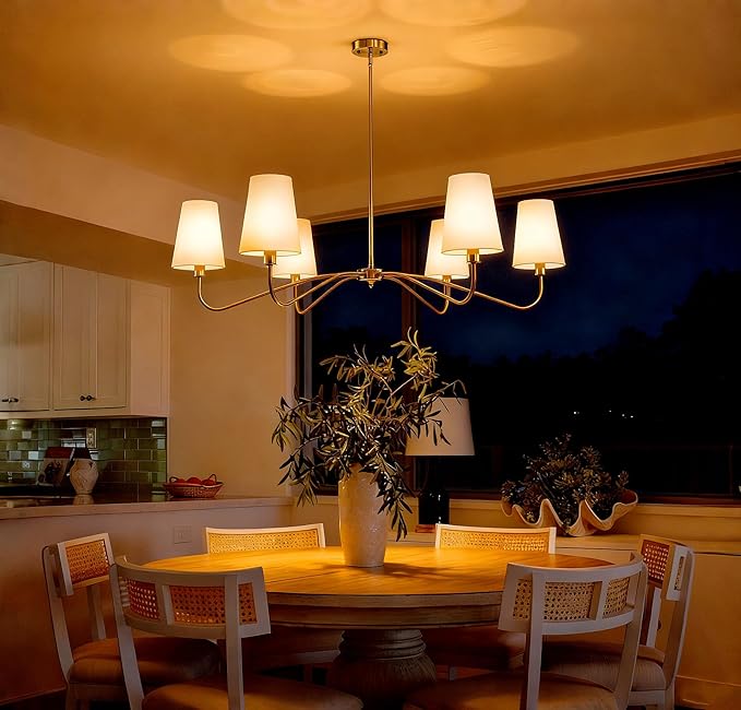 47'' Brushed Gold Chandelier with Shades, 6-Light Modern Chandelier for Living Room, Large Dining Room Light Fixture, Brass Large Classic Pendant Light Fixture for Kitchen Height Adjustable E12 Base