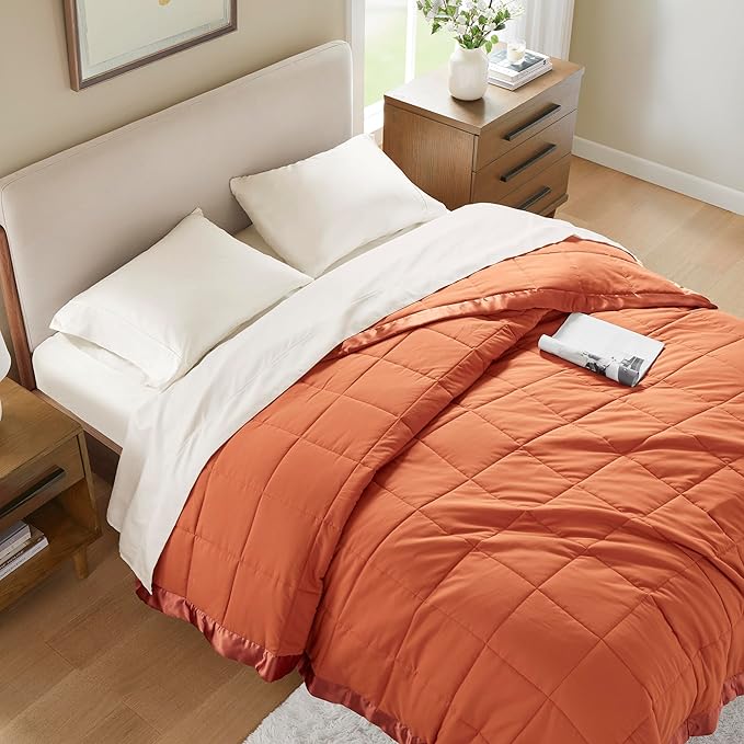 Madison Park Queen Blanket Quilted Microfiber, Satin Binding, 3M Scotchgard Moisture Wicking, Soft and Lightweight Summer Blanket for Couch, Windom, Full/Queen, Orange