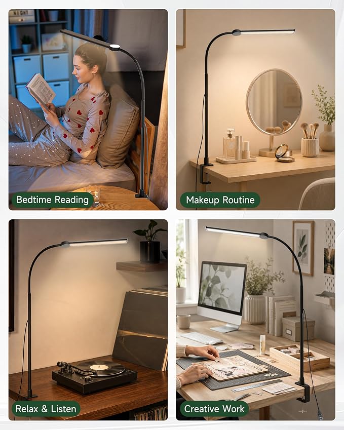 CUHIOY Desk Lamp with Clamp, 27" Flexible Goose-Neck Light for Craft Sewing | 650LM 80 LEDs Wide Head Desk Light, Sturdy 2.2" Metal Clamp, 3 Color Modes & 3 Brightness Levels, Power Adapter Included