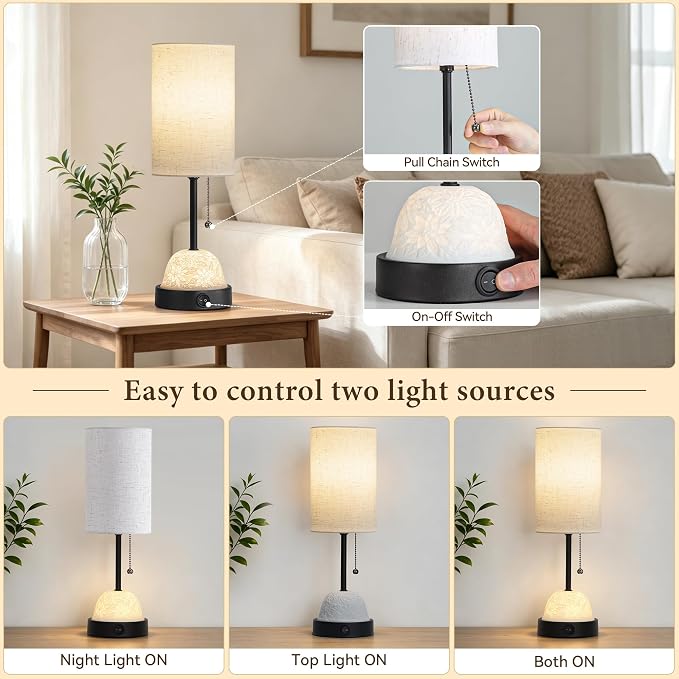 Table Lamp for Bedroom, Dual Light Nightstand Lamp with Fabric Shade & Ceramic Carved Night Light Base, Individual Controls Bedside Lamp for Living Room, 8W LED Bulb Included