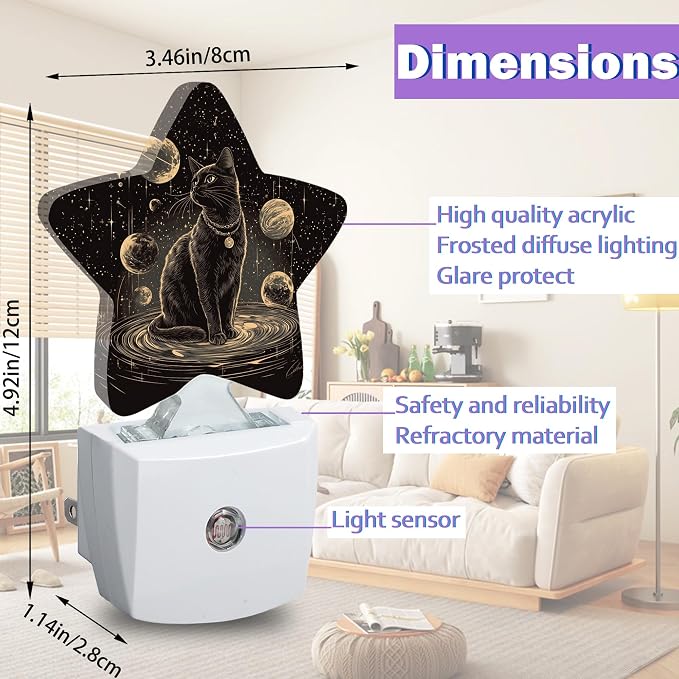 Black Cat Night Lights Plug Into Wall Decorative,Astrology Planet Sleep Friendly Lamp, Energy Efficient Dusk-to-Dawn Sensor Nightlights for Kid Bedroom Nursery Bathroom