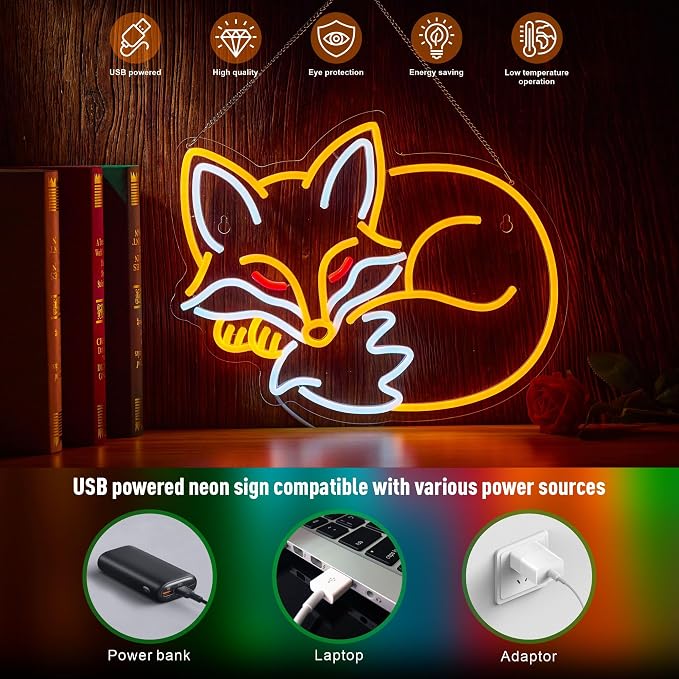 Fox Neon Sign Sleeping Fox LED Light Animal Neon Lights for Bedroom Living Room Wall Decor Birthday Party Gifts for Kids Adults Foxes Lover