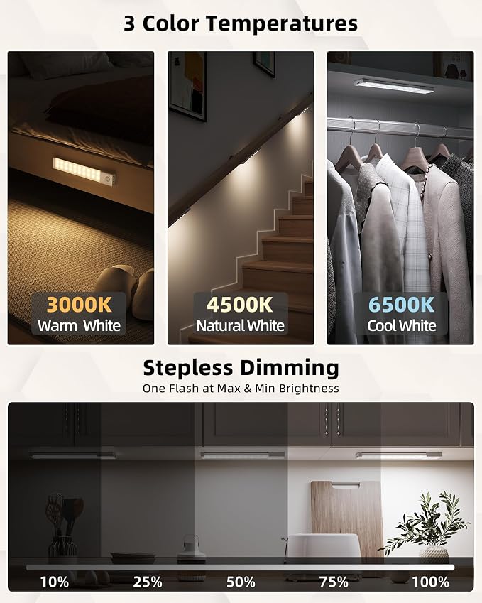 EZVALO Under Cabinet Lighting with Charging Station, 8 inch Motion Sensor Light Indoor, 1100mAh Rechargeable LED Light, 3 Color Temperatures, Dimmable Counter Lights for Kitchen, Closet, Stair (3Pack)
