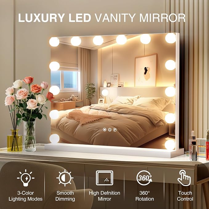 Vanity Makeup Mirror with Lights,Hollywood Vanity Mirror with 3 Color Modes,Lighted Vanity Mirror with Dimmable LED Bulbs &10X Magnification for Desk,Bedroom,Tabletop (White, 20.5" x 15.7")