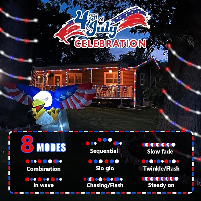 YEGUO Solar Rope Light Outdoor Waterproof, 66ft 200 LED Red White and Blue String Lights, 8 Modes Tube Christmas Lights in Clear Thin Tube