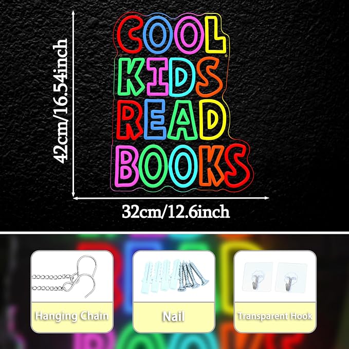 Cool Kids Read Books Neon Sign for Wall Decor Reading Letters Neon LED Light USB Powered Book LED Light Sign for Classroom Library School Girls Boys Room(12.6 * 16.54In)