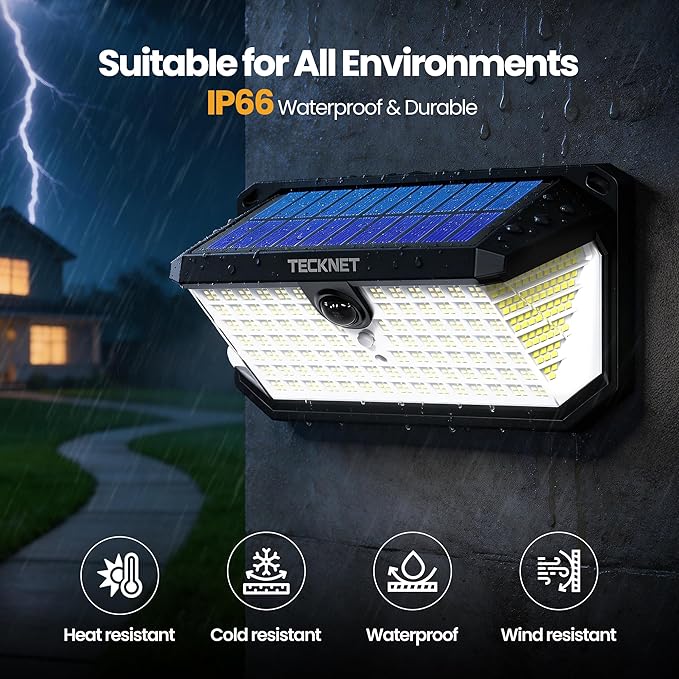 TECKNET 546 LEDs Motion Sensor Outdoor Lights with Remote Control & Hook,7500LM Solar Lights Outdoor with 2200mAh & IP66 Waterproof, 300° Angle & 3 Modes, Solar Lights for Patio Fence Garage 4 Pack
