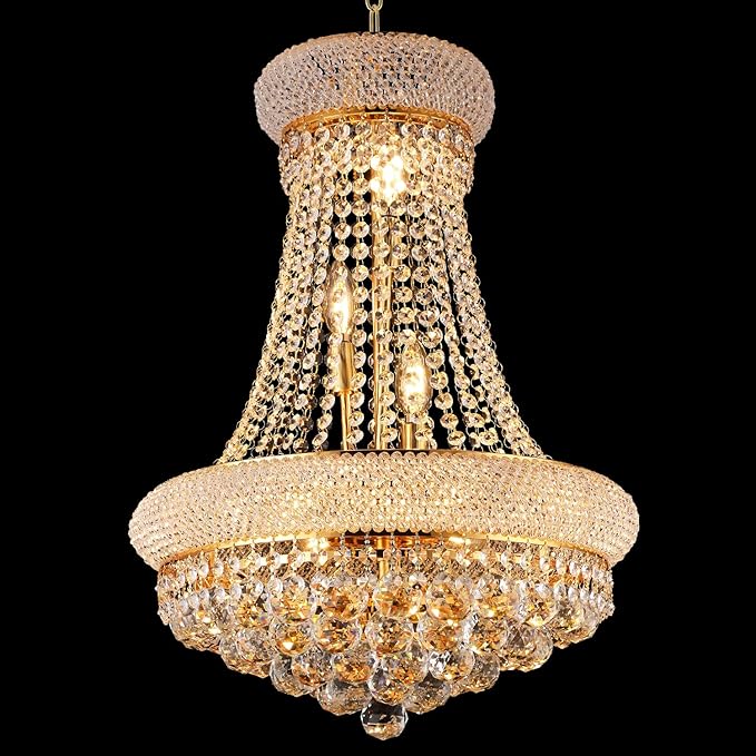 18" W 9 Light Luxury Foyer Chandeliers, Unique Empire K9 Crystal Chandelier for High Ceiling Foyer Entryway Living Room (Gold)