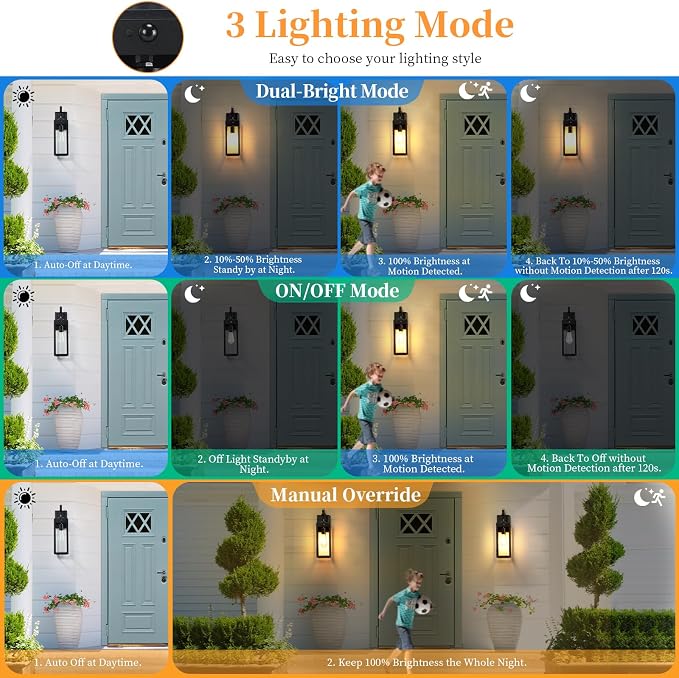 18'' Large Motion Sensor Outdoor Lights, Dusk to Dawn Porch Light | 2 Packs Exterior Lighting Fixtures, Modern Black Outdoor Sconces for House, Outside Farmhouse Wall Lanterns for Garage