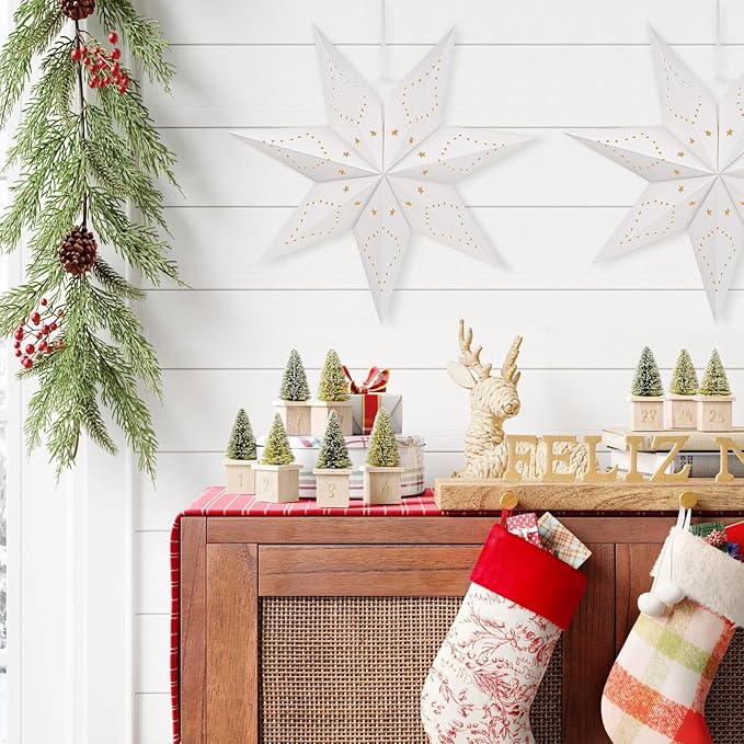 Paper Star Lantern Lamp Shade Christmas Hanging Stars Garland Hollow out Xmas Tree Topper Hanging Ornament for Wedding Birthday New Year Party Home Decor for Indoor and Outdoor 17.7 Inch