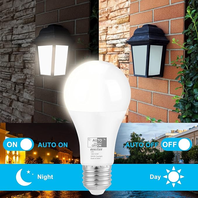 Qualilux Dusk to Dawn A19 LED Light Bulbs Outdoor, Automatic On/Off, 60W Equivalent, Daylight 5000K, Energy Efficient 9.5W, 850 Lumen, E26 Base, 4-Pack, HQ-H012