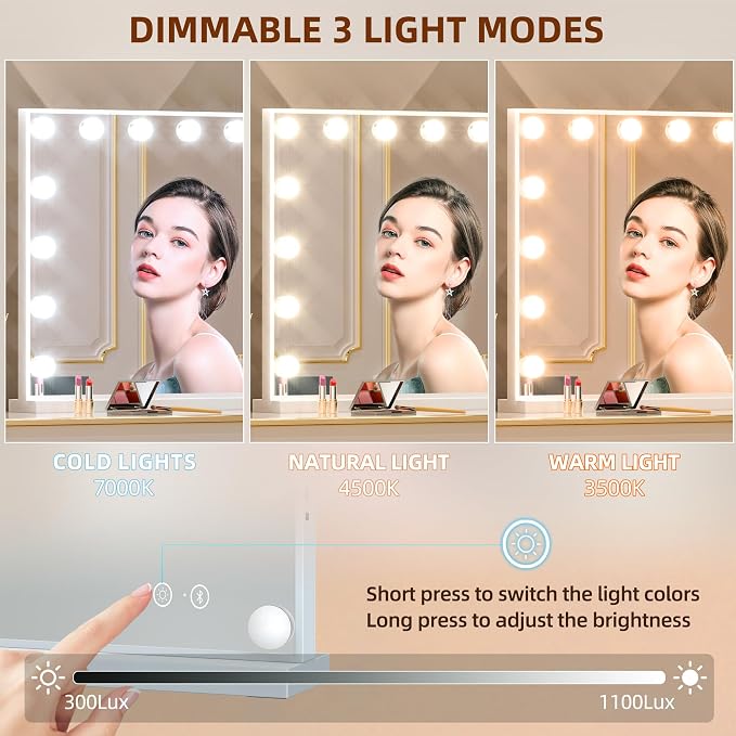 FENCHILIN Vanity Mirror with Lights and Bluetooth Speaker 22.8"x 18.1" Makeup Mirror Lighted Hollywood Mirror with 15 Dimmable LED Bulbs USB Charge Port, 3 Color Lighting Modes Tabletop