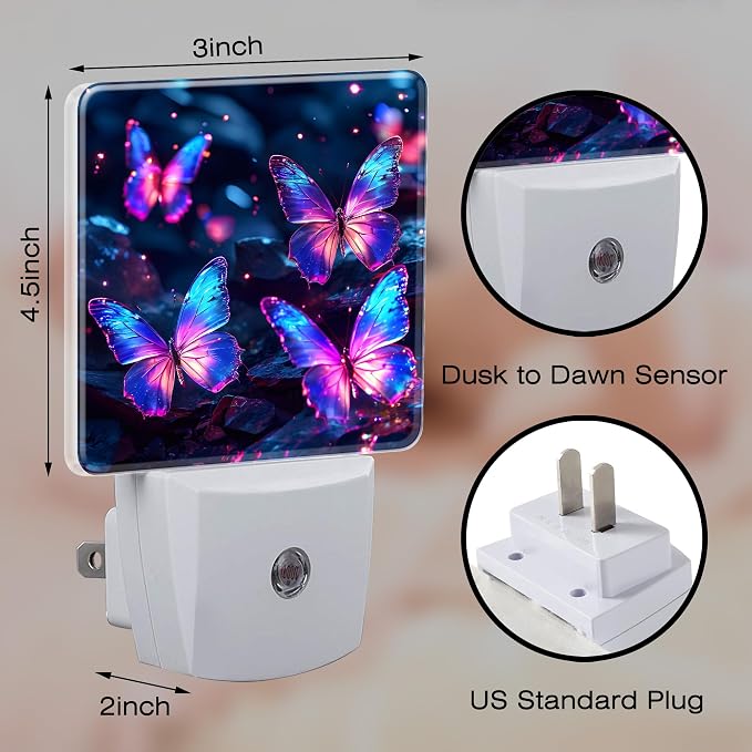 Glowing Purple Butterflies Night Light Plug into Wall, Neon Butterfly Dusk to Dawn Night Light,0.5w Energy Saving Sleep Friendly Nightlights for Kids Boys Girls Home Decor