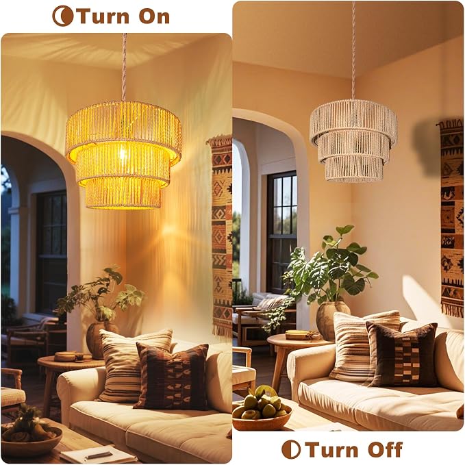 Maliralt Rattan Pendant Light Hanging Lamps - 16.4ft Plug in Cord Hanging Light Fixture Plug Into Wall Outlet Pendant Lighting with On Off Switch for Bedroom Living (3-Tier Rattan Lamp Shade)