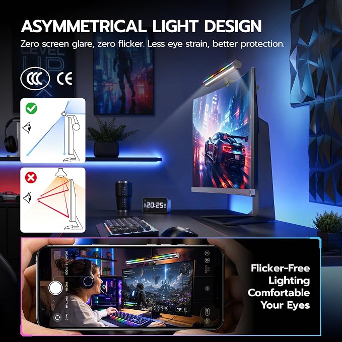 ARES WING Monitor Light Bar with Music Sync, 2-Bar 3-Source RGB Lightbar | 7 Modes Gaming Backlight, CCT Adjustable & Stepless Dimming Fronlight, Eye-Care Computer Light, USB Desk Lamp for Home Office