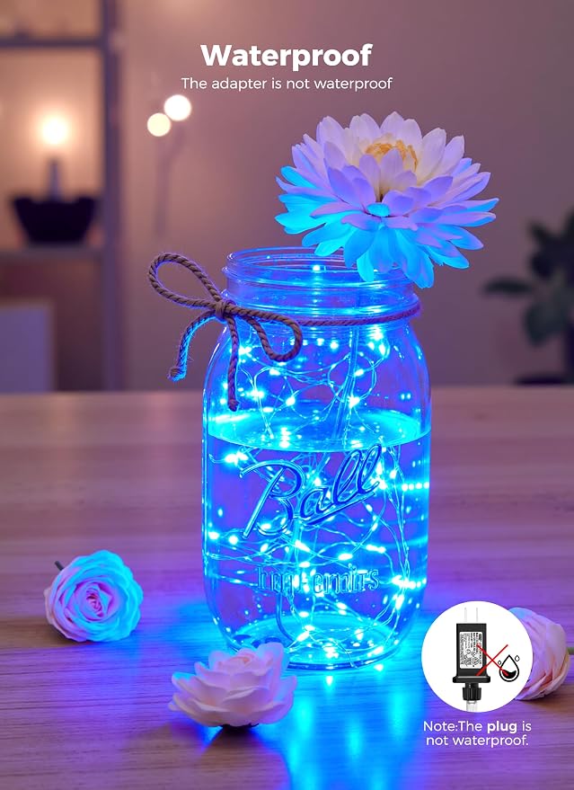 Minetom Fairy Lights Plug in, 33Ft 100 LEDs Waterproof Silver Wire Firefly Lights, Adaptor Included, Starry String Lights for Wedding Indoor Outdoor Christmas Patio Ramadan Decorations, Blue