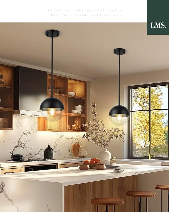 Modern Pendant Lights, Matte Black Kitchen Island Pendant Light Fixtures, Adjustable Hanging Rod Ceiling Light for Dining Room Bathroom Bedroom, LMS-186BKC