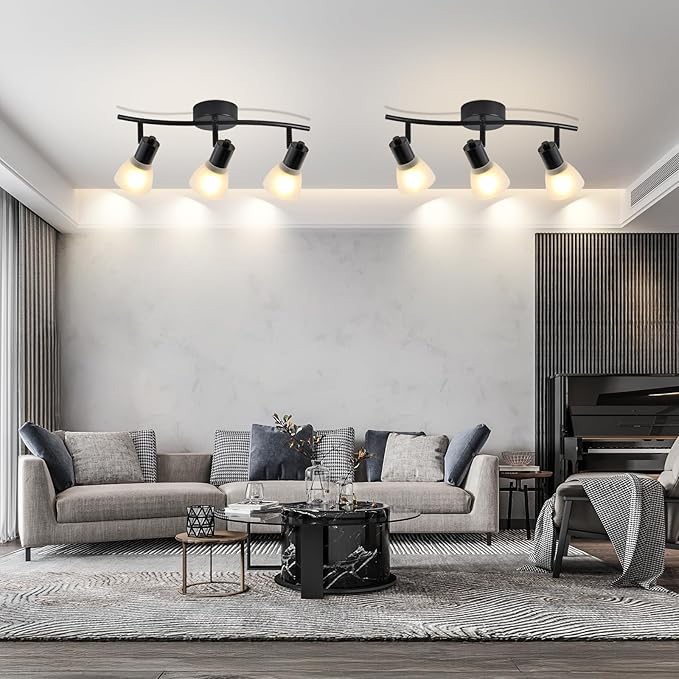 KEESFU 3 Light Track Lighting Fixtures Ceiling,Adjustable Directional Ceiling Lights with Glass Shade,Industrial Ceiling Spotlight for Kitchen Over Sink Bedroom Hallway Living Room,E12base.