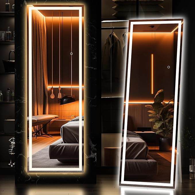 Hasipu Full Length Mirror with Lights, 56" x 15.8" LED Floor, Full Body Dressing Standing, Hanging Mounted Mirror, Square White