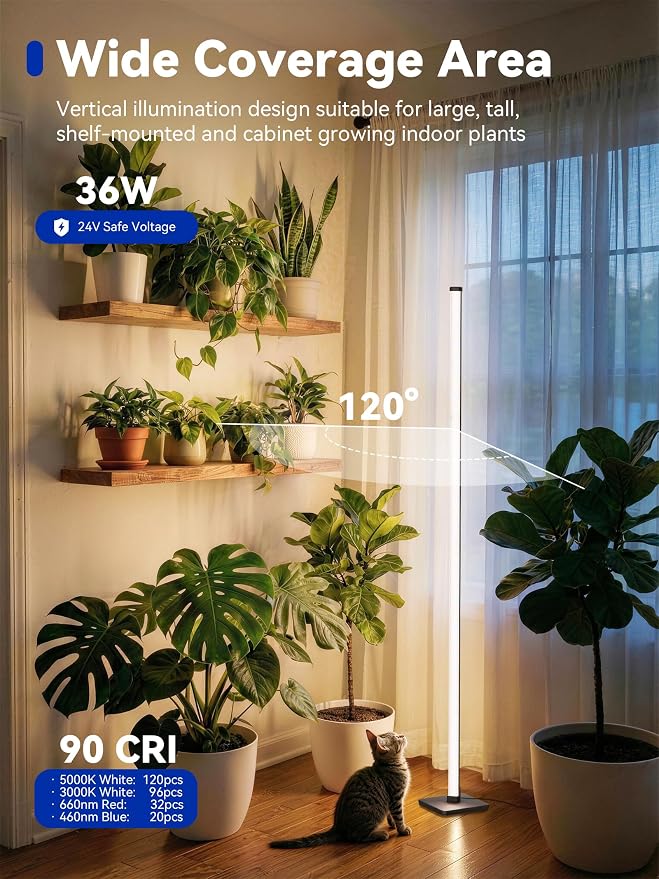 Vertical Grow Light for Indoor Plants, 60in LED Standing Lamp | 36W Full Spectrum Plant Lights with Auto Timer, 268 LEDs Dimming and 3 Light Modes for Wide Coverage Area in Indoor Gardens