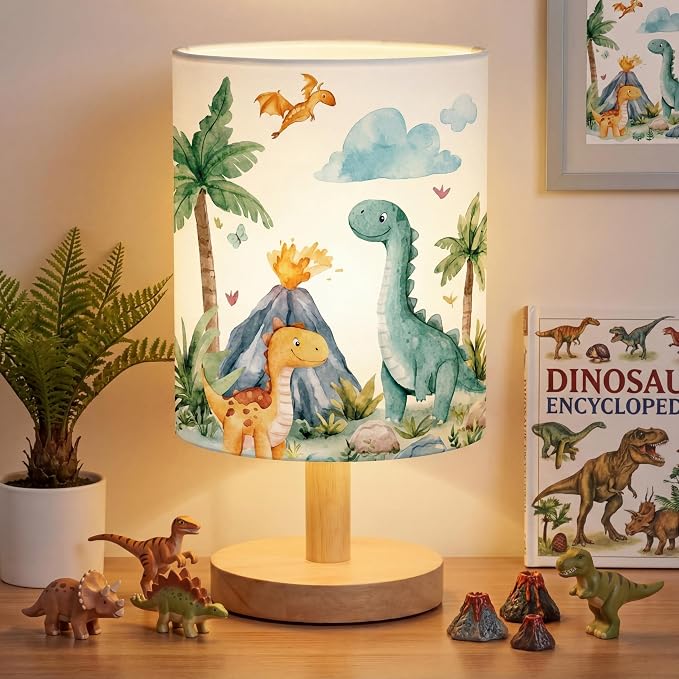 Roaring Dinosaur Kids Table Lamp for Bedroom Kids Bedside Lamp with Linen Wooden Nightstand Cartoon Nursery Lampshade for Girls Boys Living Room