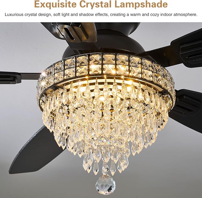 Crystal Ceiling Fan Fandelier with Lights-Ceiling Fans with Lights,54" Low Profile and Remote Control, Flush Mount, Reversible, Dimmable, Noiseless, Black Ceiling Fan for Bedroom
