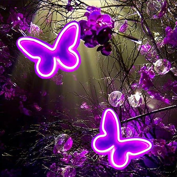 Neon Butterfly Signs 2 Pieces Purple, LED Lights for Wall Office Dorm Wedding Birthday Party Room Decor, Teen Girls Decorations, USB or 3-AA Battery Powered