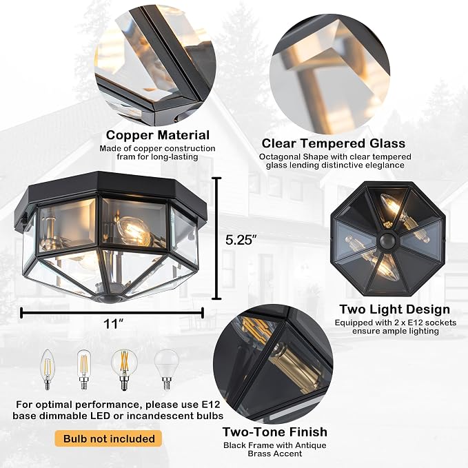 11 Inch Copper Motion Sensor Outdoor Ceiling Light for Porch | 2-Light Design, E12 Base, Dusk to Dawn, Vintage Industrial Style, Clear Tempered Glass, Octagonal Shape