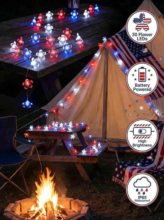 July 4th Independence Day Flower Battery Operated Indoor String Lights 30L | Red Blue White Cherry Blossom Outdoor Fairy Lights Waterproof Memorial Day